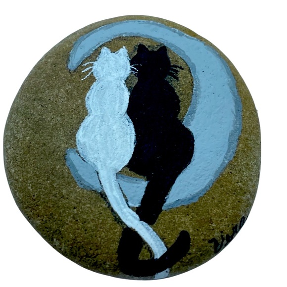 Hand crafted painted cats rock natural background black white moon romantic